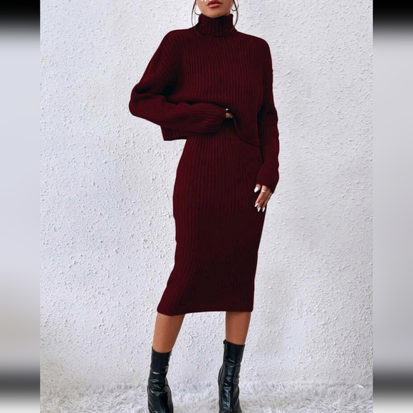 Dresses & Skirts - Turtleneck Drop Shoulder Sweater & Knit Dress, Burgundy